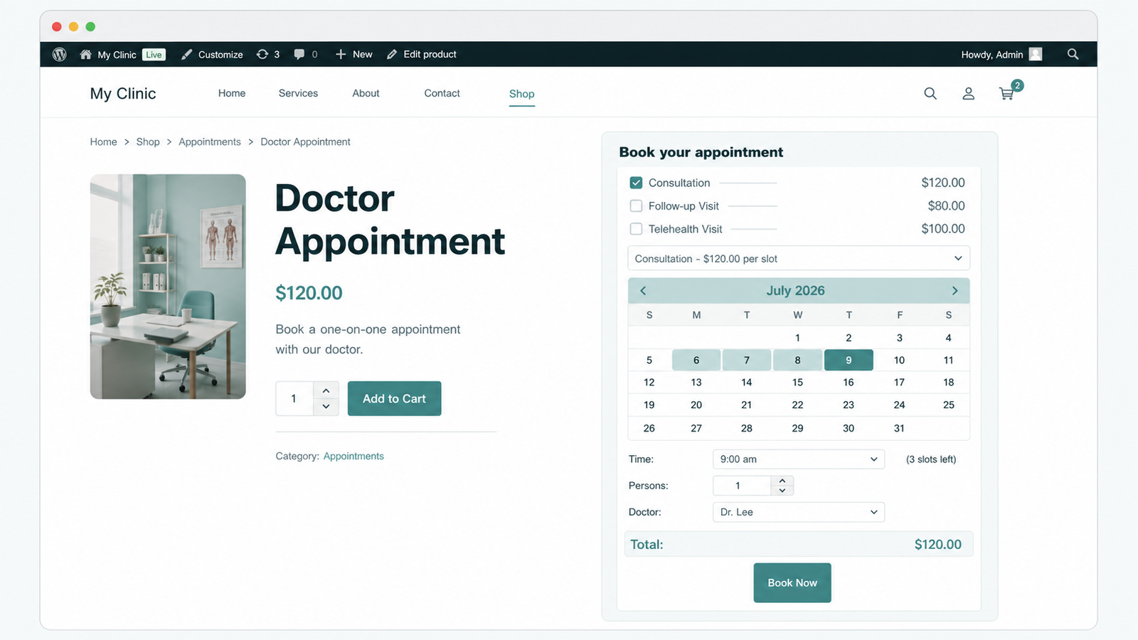 ARB front-end doctor booking form with an availability calendar and live price inside WooCommerce