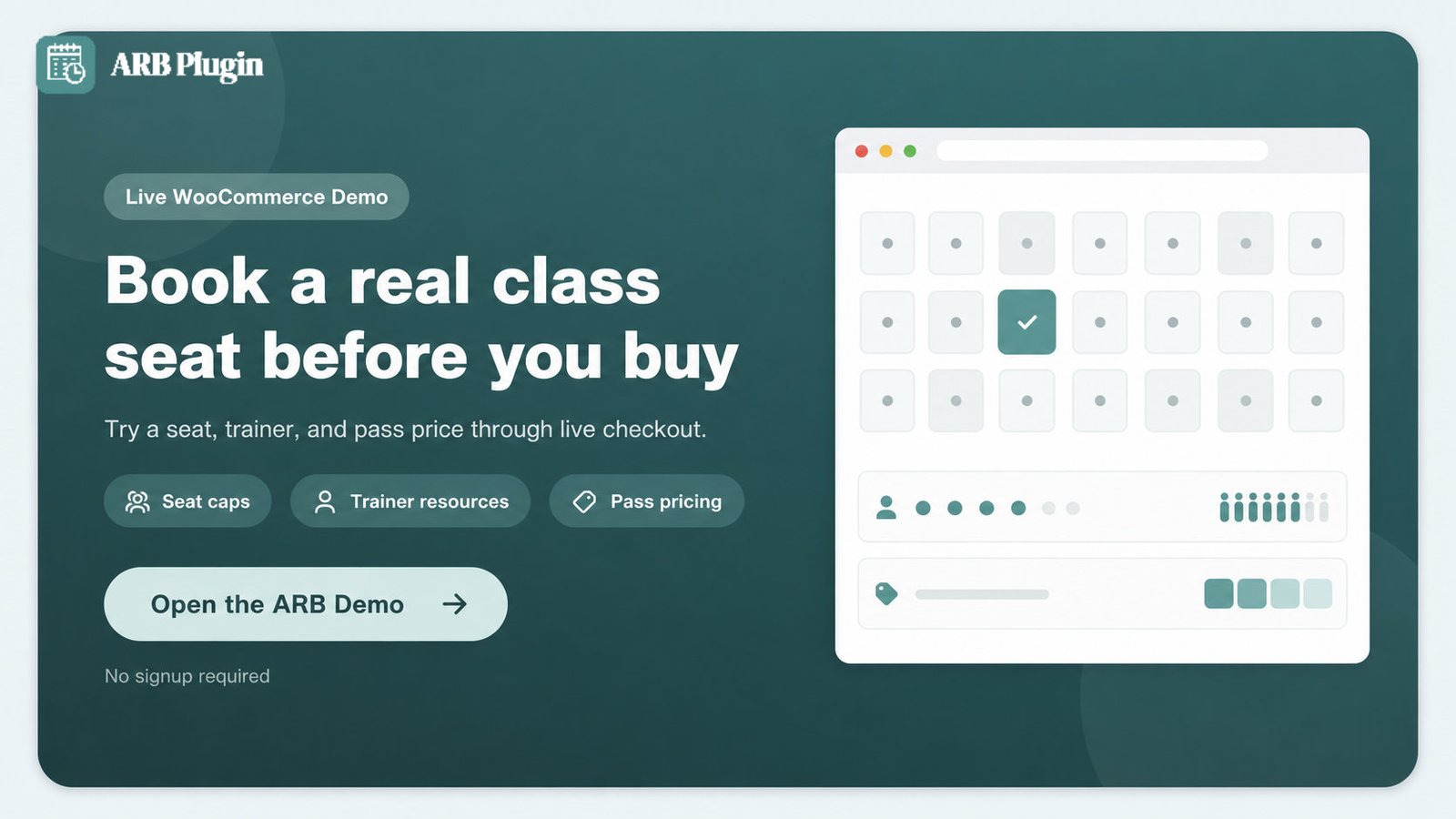 Try the live ARB demo: book a class seat, a trainer, and a pass through WooCommerce