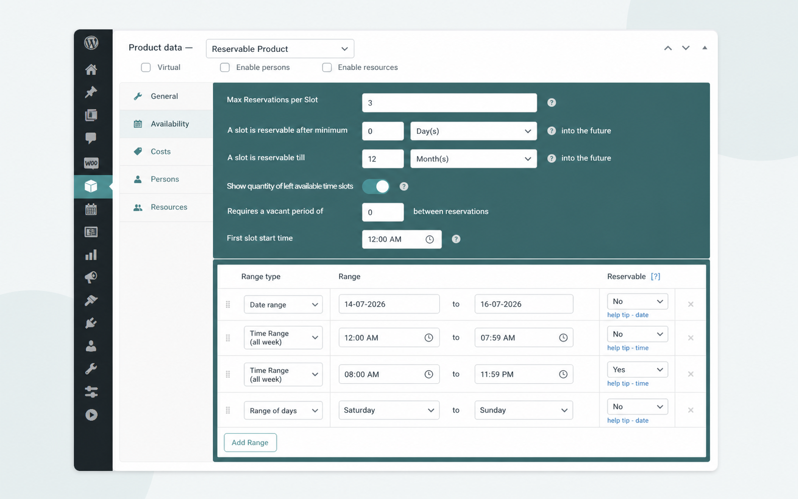 ARB Availability tab with Max Reservations per Slot and a live spots-left counter toggle