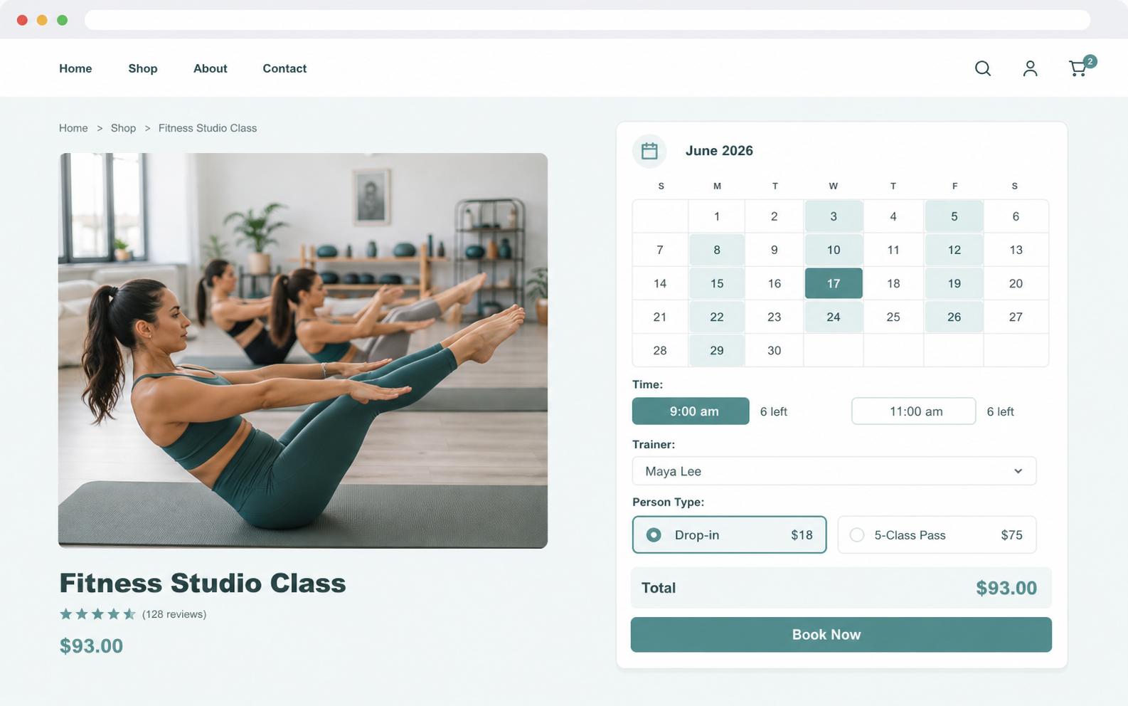 WooCommerce fitness class booking form with a calendar, spots-left counter, trainer, and pass pricing