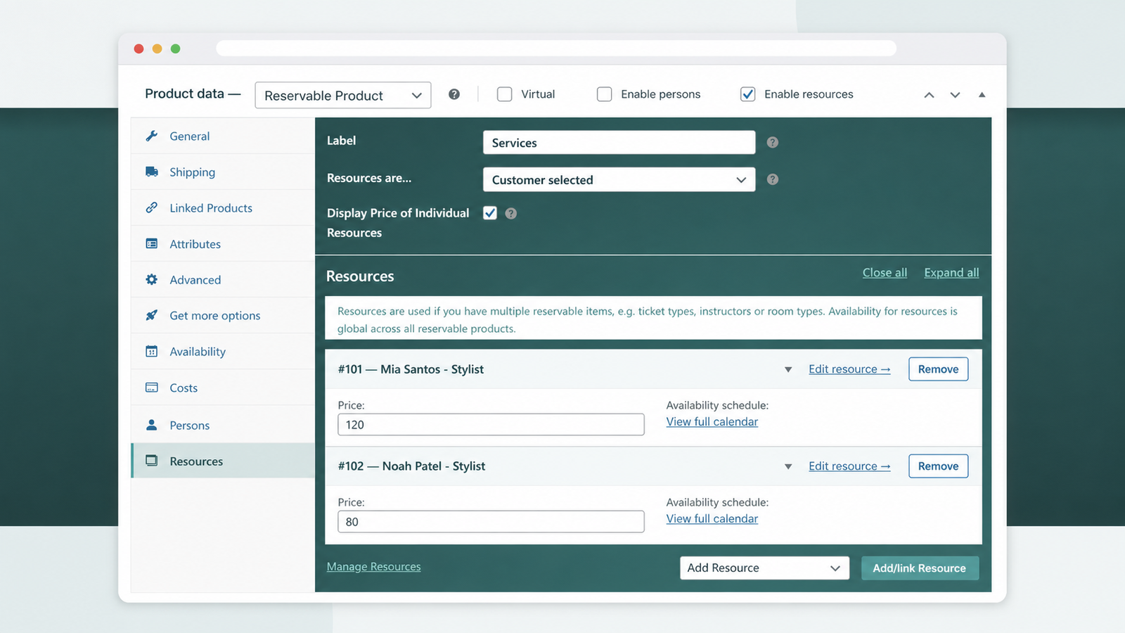 ARB Resources tab with two stylists on separate availability schedules and prices