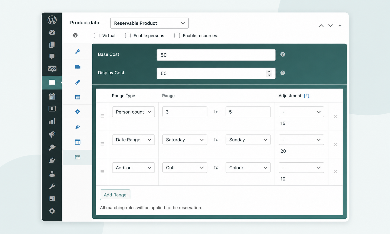 ARB Costs tab pricing a cut, a colour, and a weekend surcharge