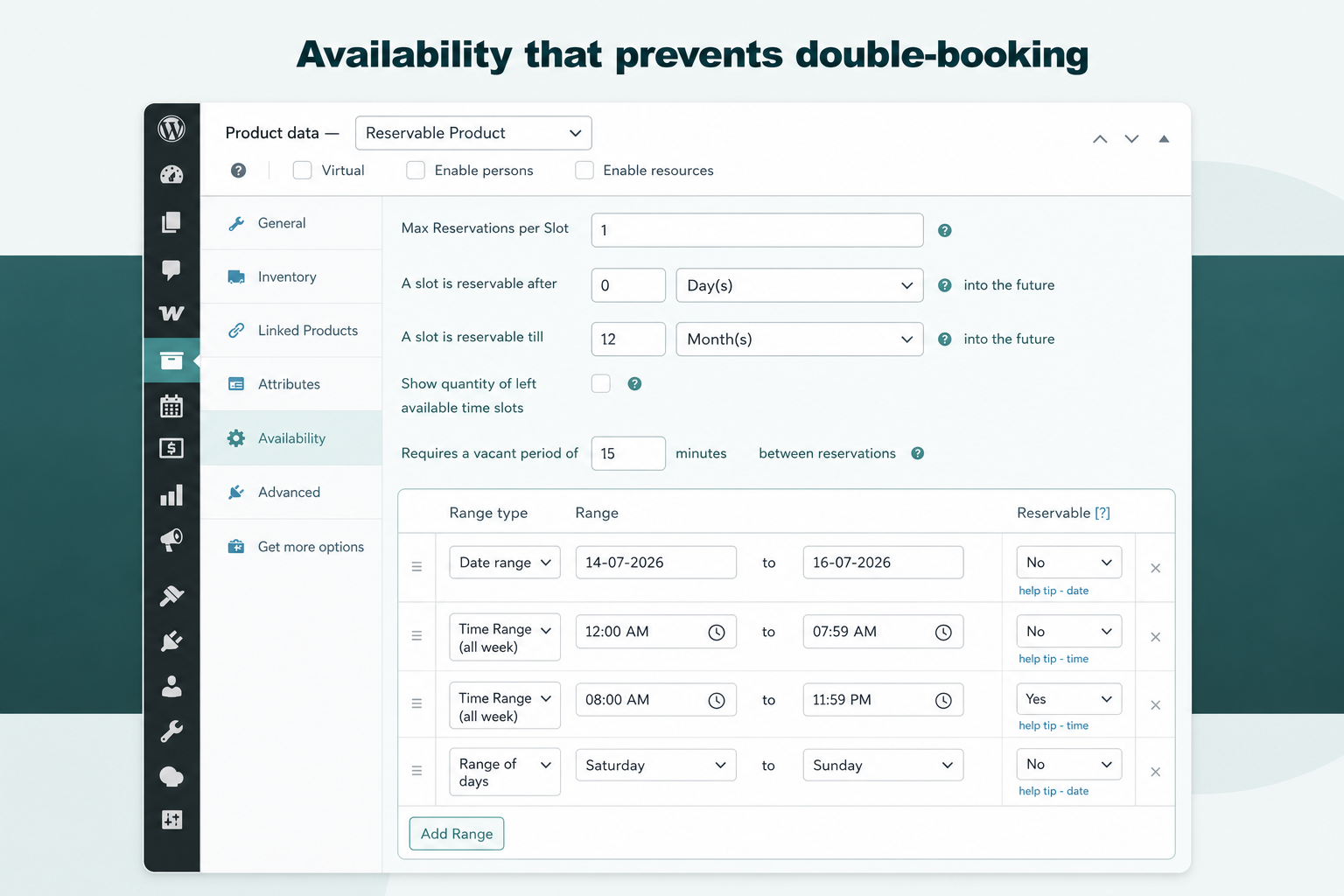ARB Availability tab with a 15-minute vacant period and one reservation per slot