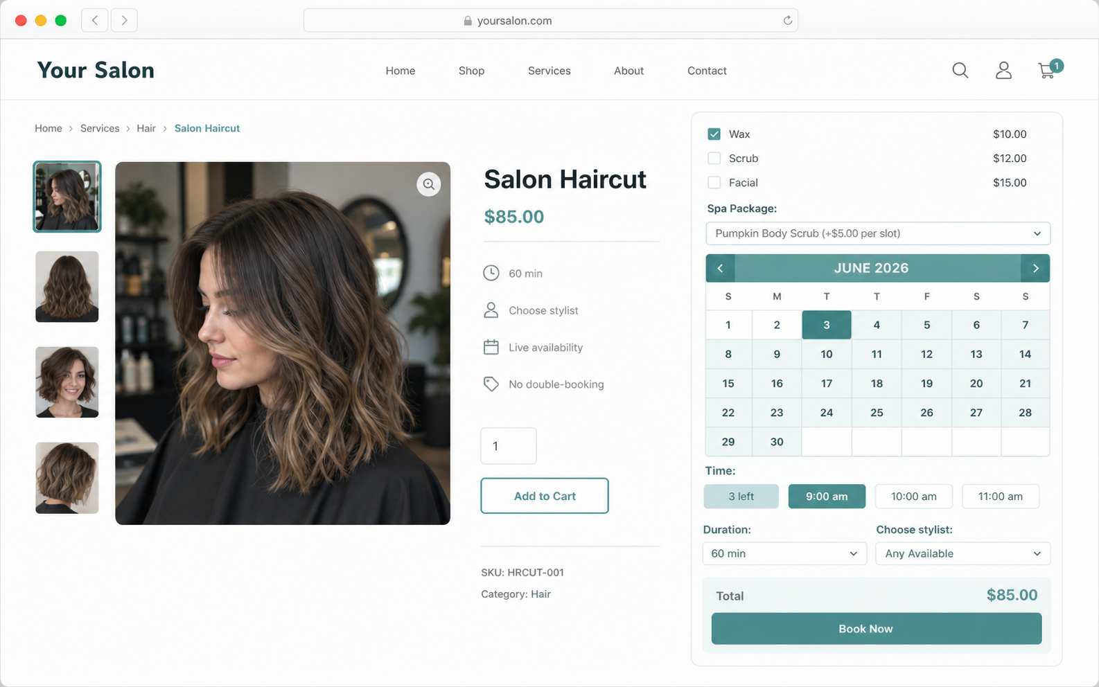 ARB booking form taking a paid salon appointment inside a WooCommerce store