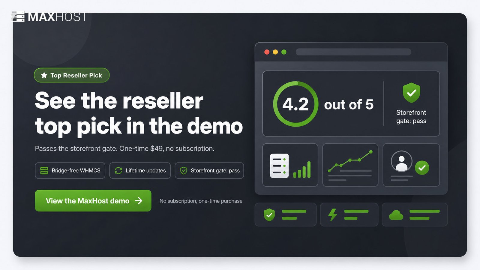 MaxHost verdict CTA: the honest top reseller pick at 4.2 out of 5, one-time $49, view the live demo