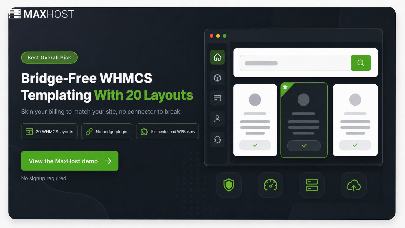 View the MaxHost demo: bridge-free WHMCS templating with 20 bundled client-area layouts