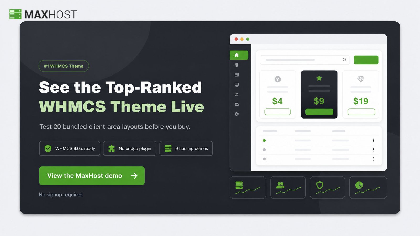 View the MaxHost demo, the top-ranked bridge-free WHMCS WordPress theme for selling hosting