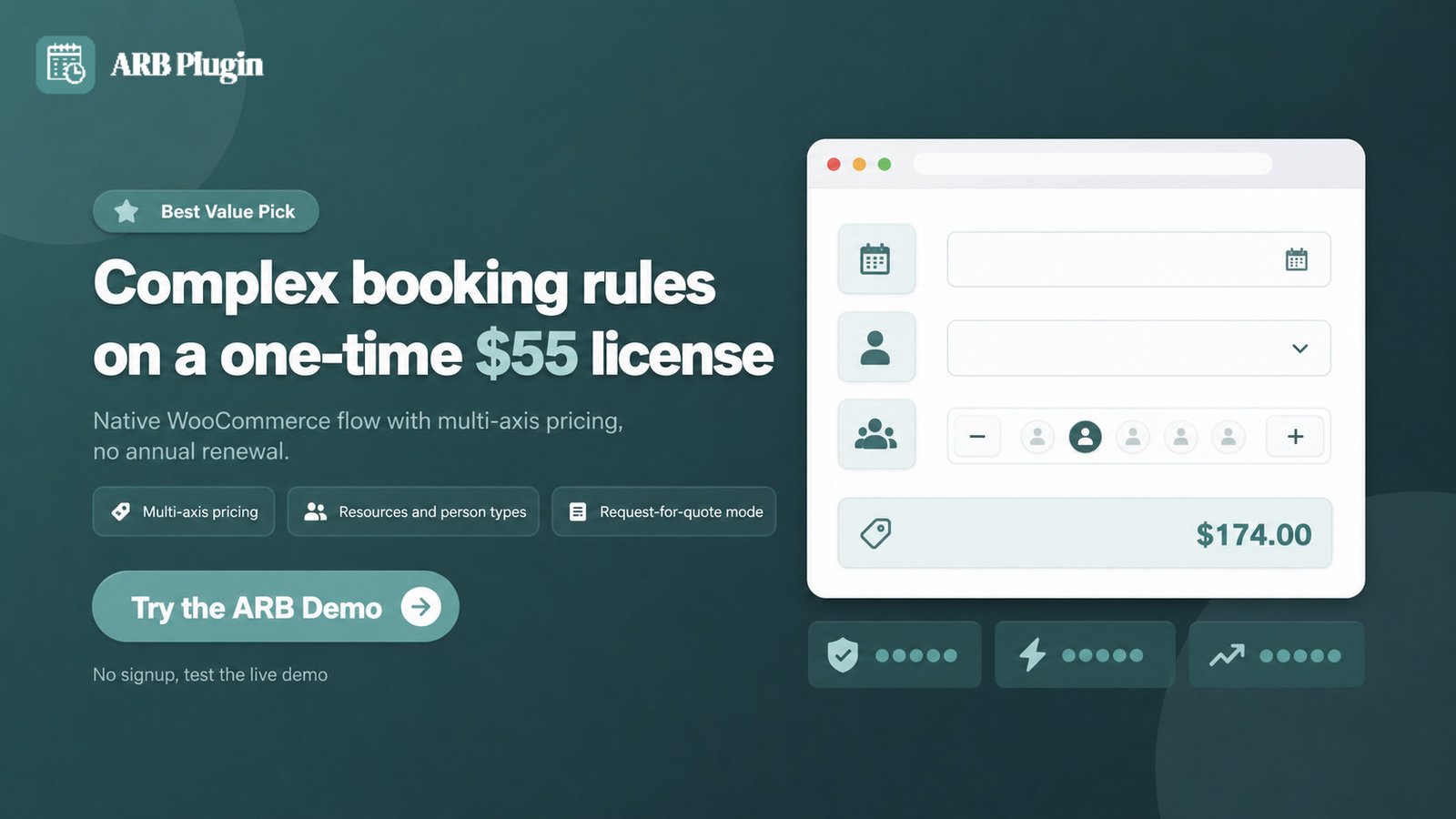 Try the ARB demo: one-time $55 native WooCommerce booking with multi-axis pricing and resources
