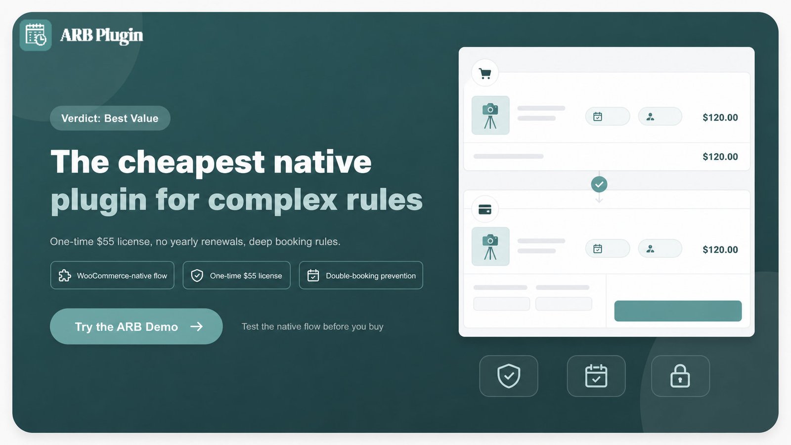 ARB verdict CTA: cheapest WooCommerce-native booking plugin for complex rules on a one-time license