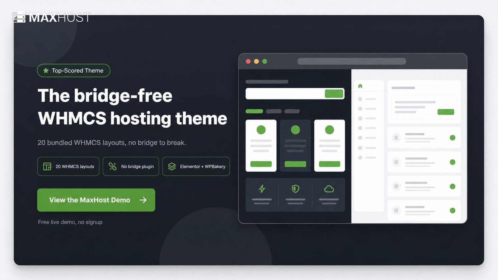 View the MaxHost demo: the top-scored, bridge-free WHMCS hosting theme with 20 client-area layouts