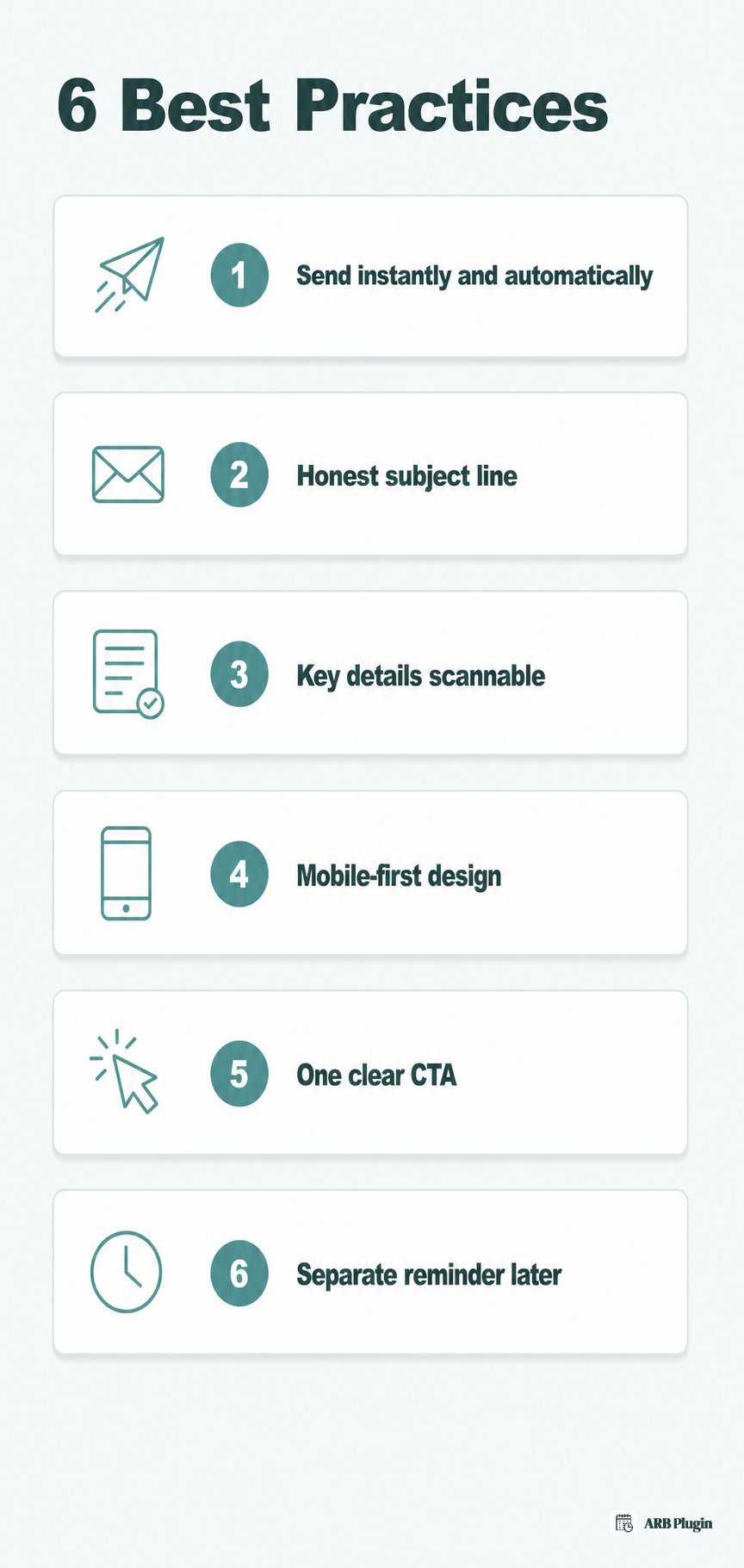 Six best practices for booking confirmation emails, from instant automated sending to a separate reminder before the date
