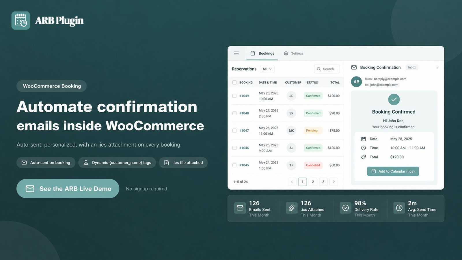 See the ARB live demo: automate WooCommerce booking confirmation emails with dynamic tags and .ics attachments