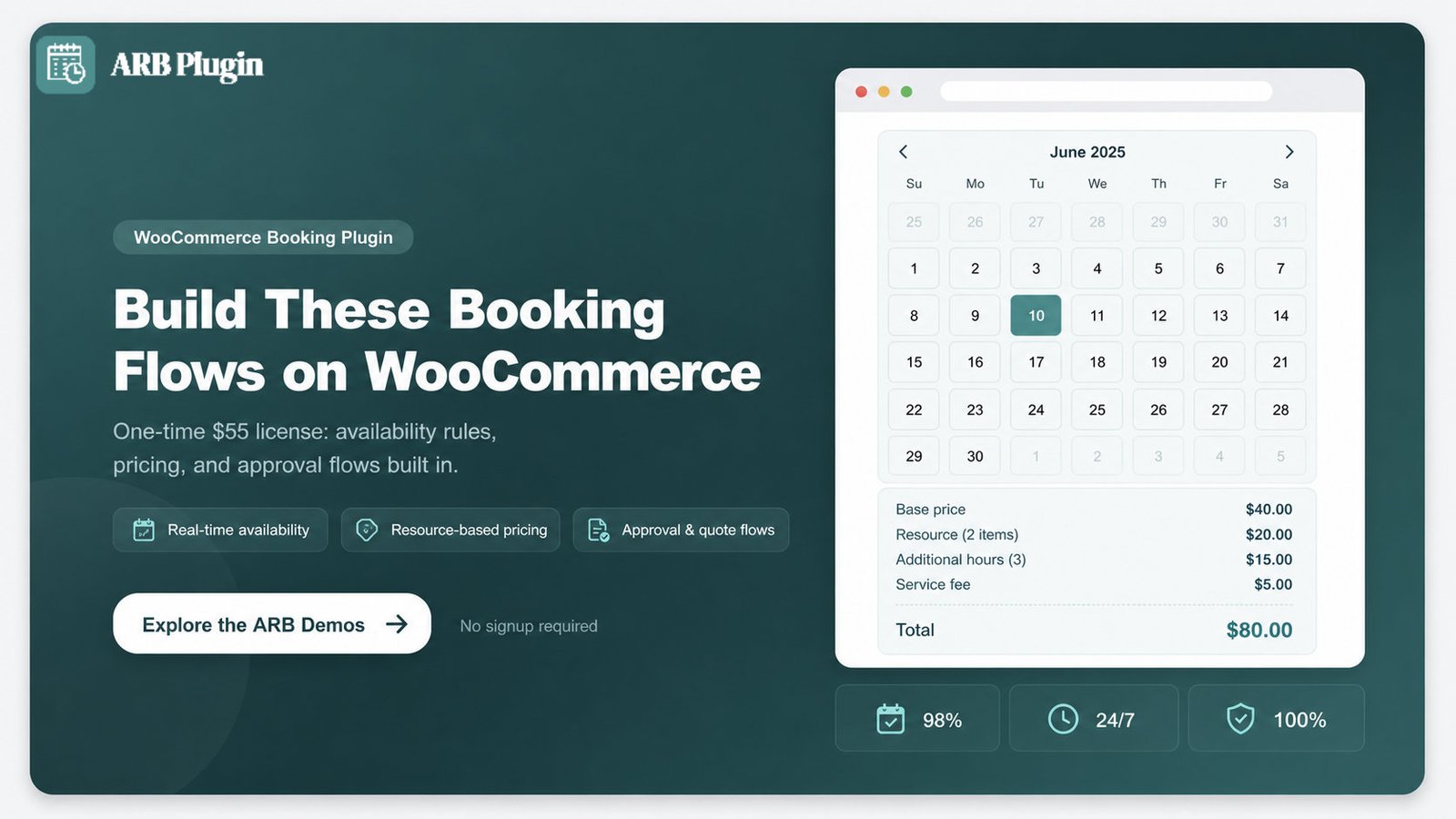 Explore the ARB WooCommerce booking demos: one-time license with availability, pricing, and approval flows