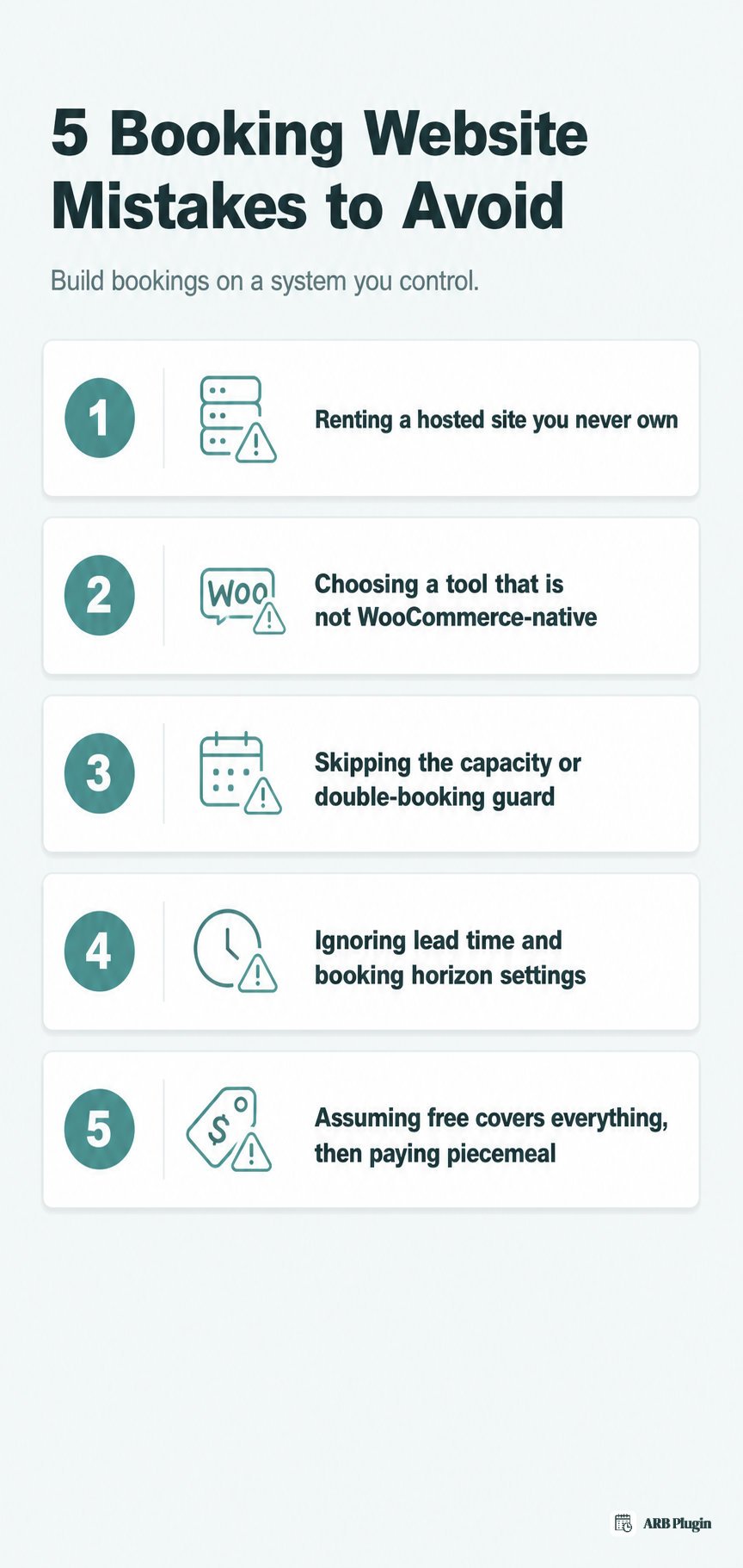 Five common booking website mistakes to avoid, from renting a site you never own to skipping a double-booking guard.
