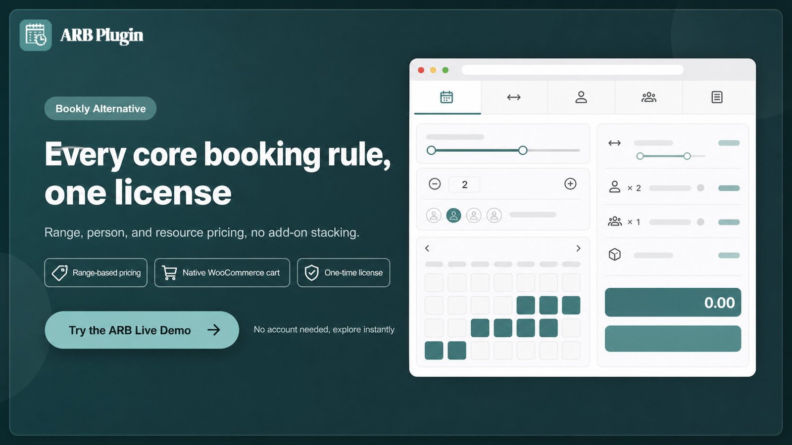 Try the ARB live demo: all core booking rules in one WooCommerce license, no Bookly add-on stacking