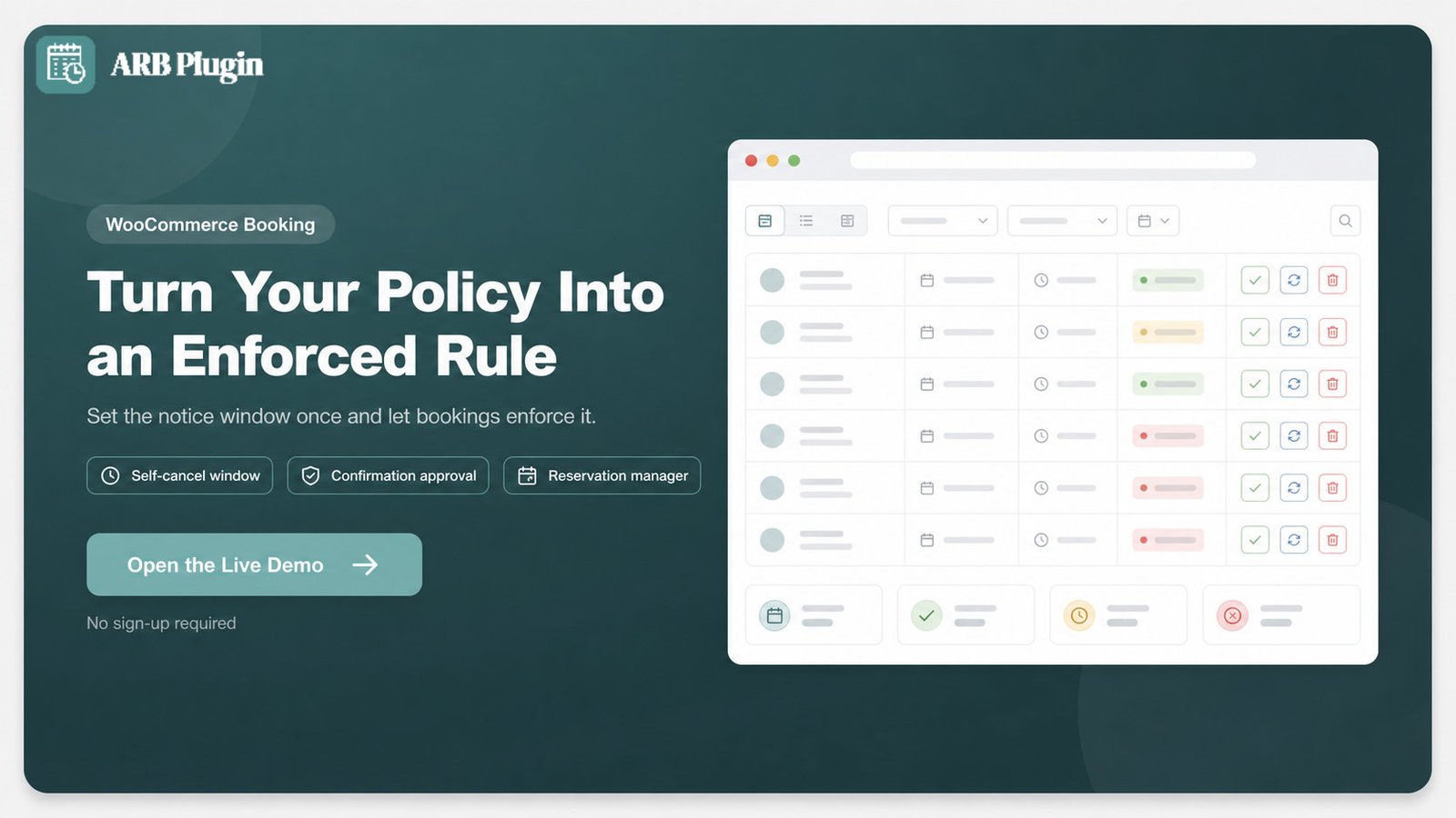 Enforce your cancellation policy with ARB, the WooCommerce booking plugin: open the live demo