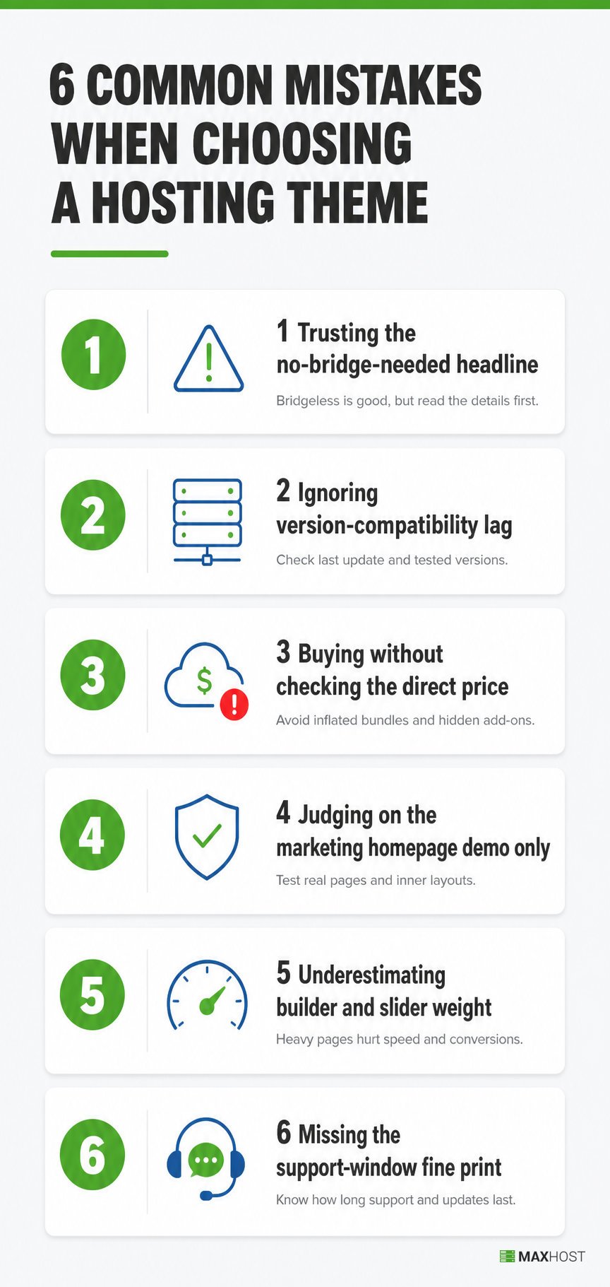 Infographic of six common mistakes buyers make when choosing a WordPress hosting theme