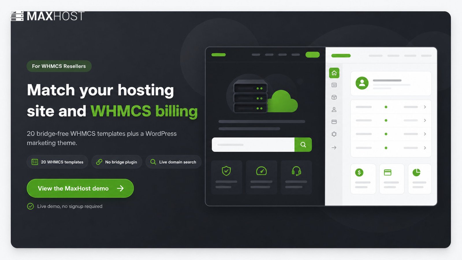 View the MaxHost demo: match your hosting site and WHMCS billing with bridge-free templates