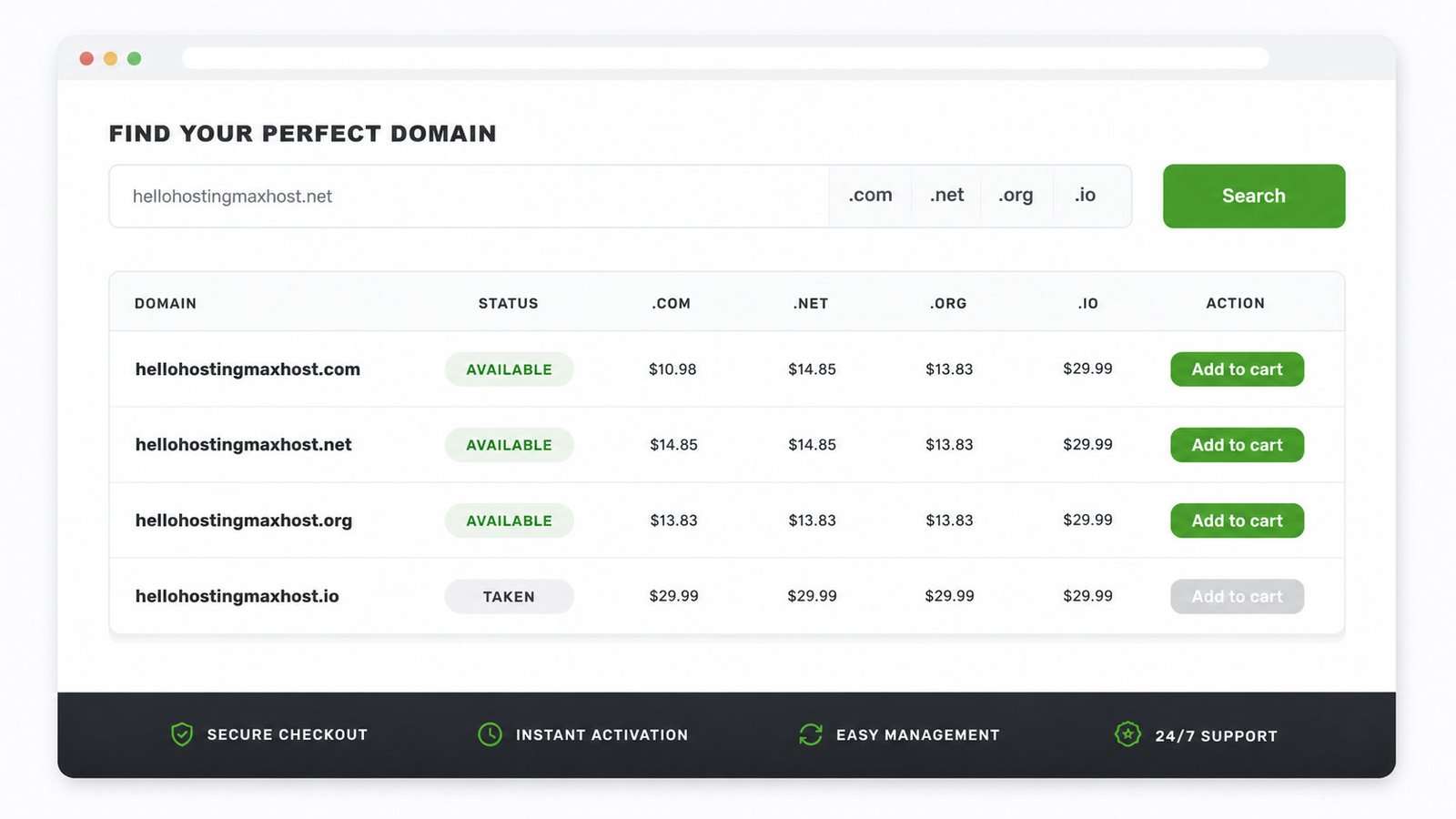MaxHost AJAX domain search bar checking a name across TLDs with per-domain prices and an add-to-cart action