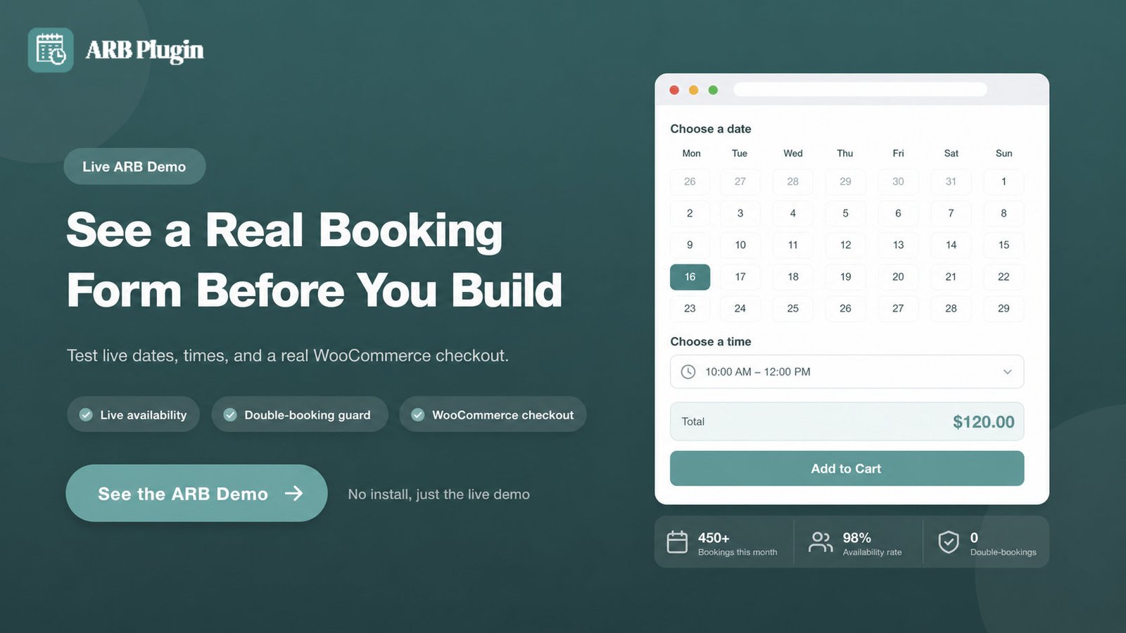 See the ARB live demo: an Elementor booking form with real availability, double-booking guard, and WooCommerce checkout.