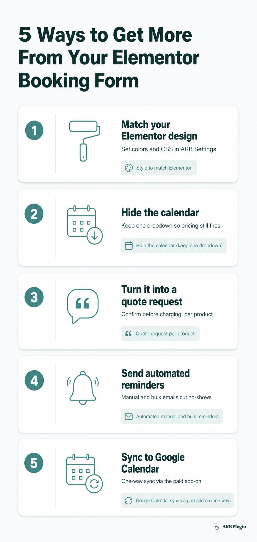 Five ARB settings to extend an Elementor booking form: match design, hide calendar, quote requests, reminders, calendar sync.
