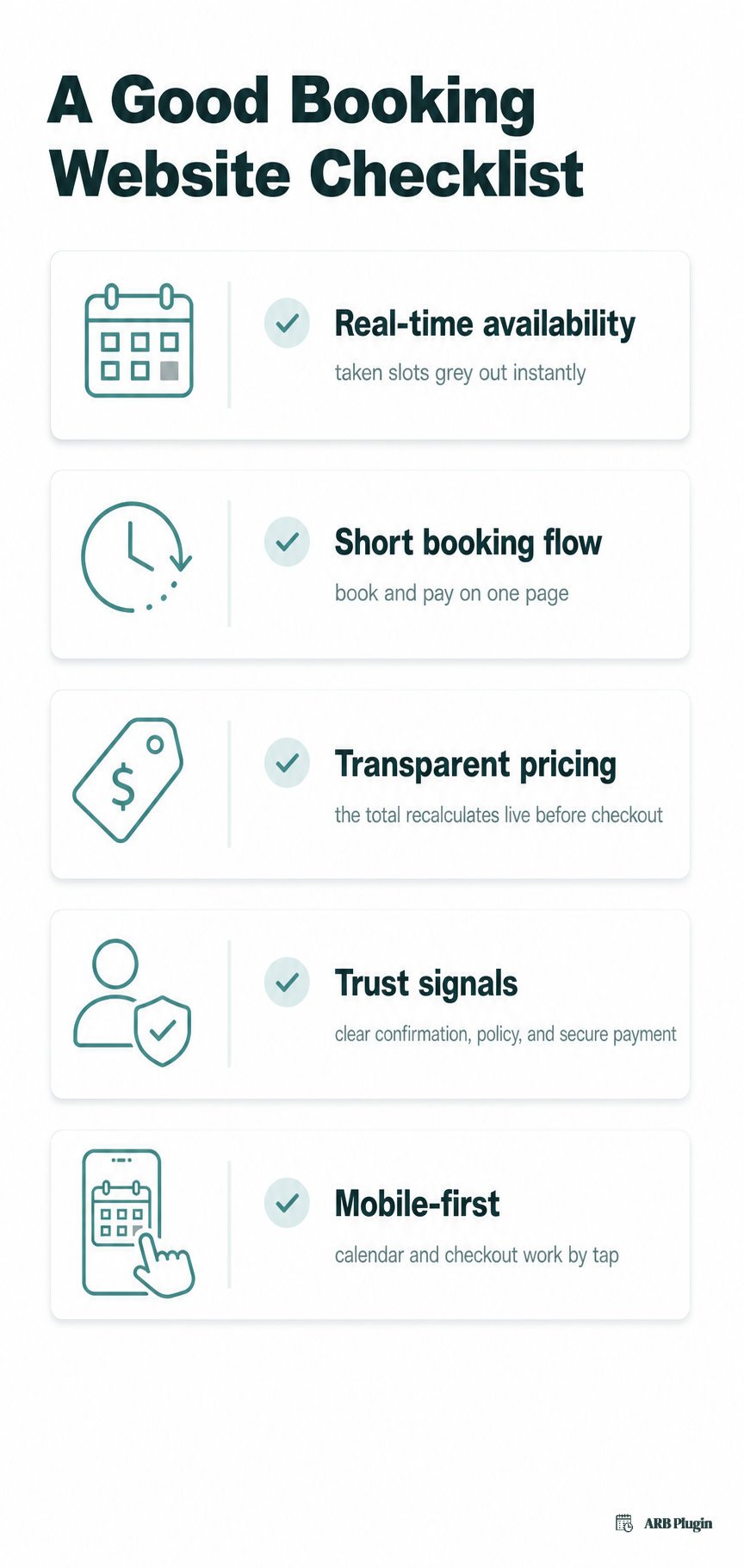 Five criteria of a good booking website: live availability, short flow, clear pricing, trust signals, and mobile-first