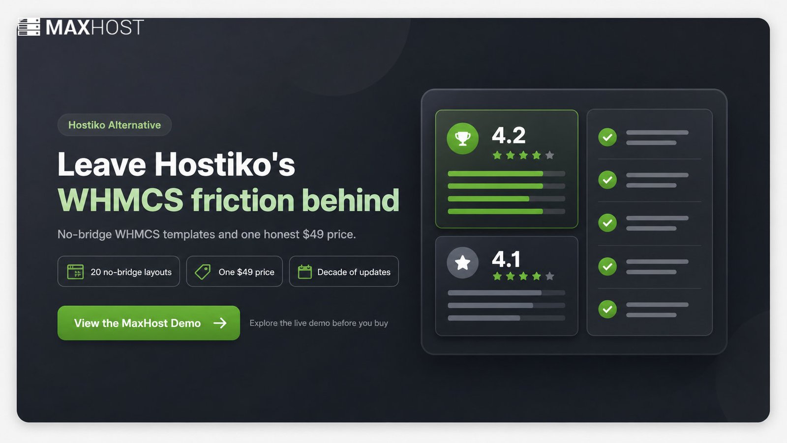 Switch from Hostiko to MaxHost: no-bridge WHMCS templates, one $49 price, view the live demo
