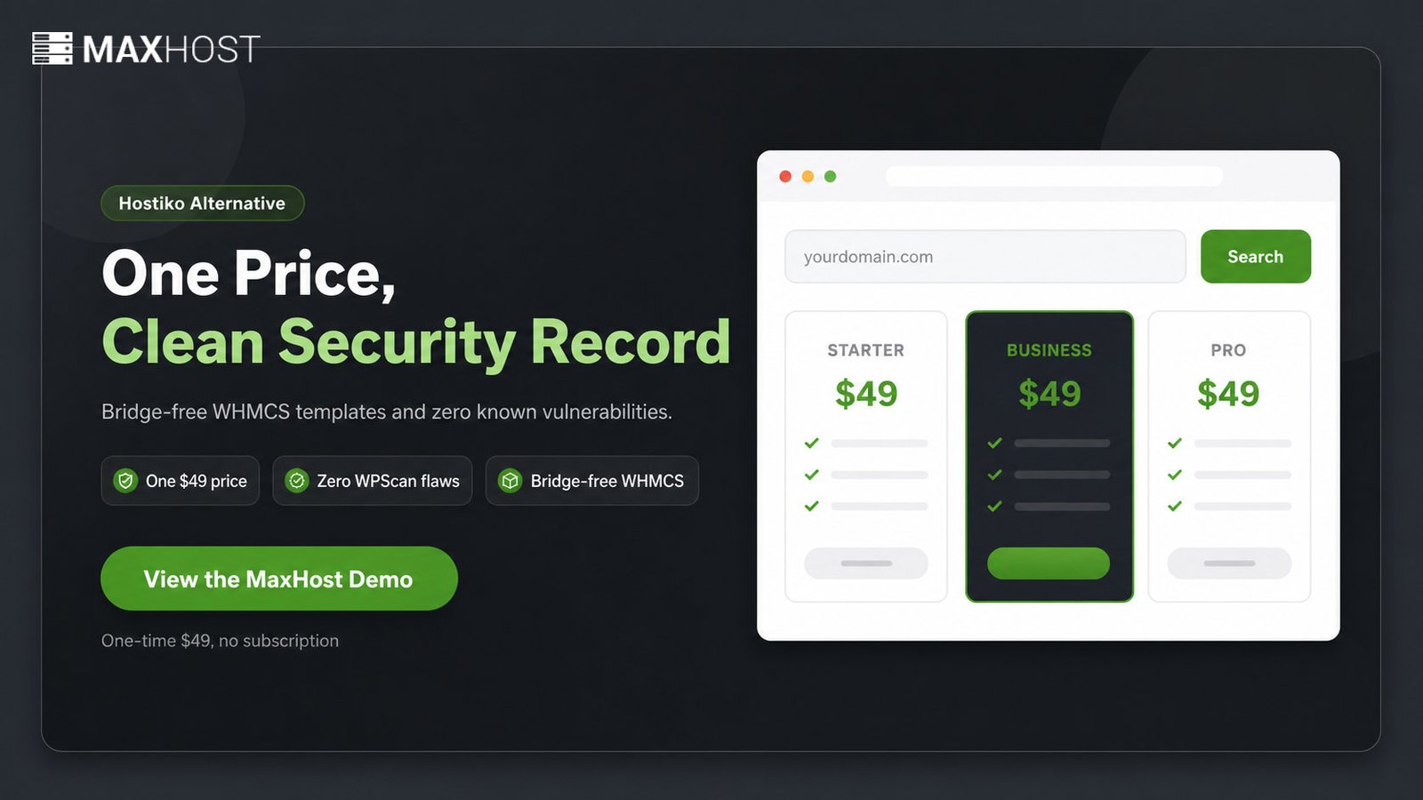 Switch to MaxHost from Hostiko: one consistent price, clean security record, and bridge-free WHMCS templates.