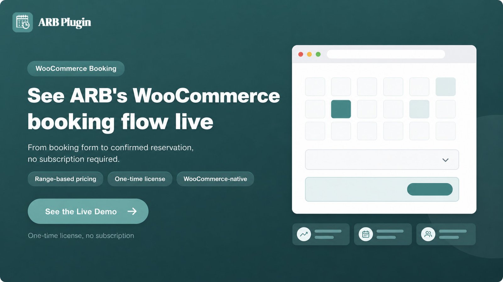 See ARB's full WooCommerce booking flow in the live demo, a one-time license with no subscription.
