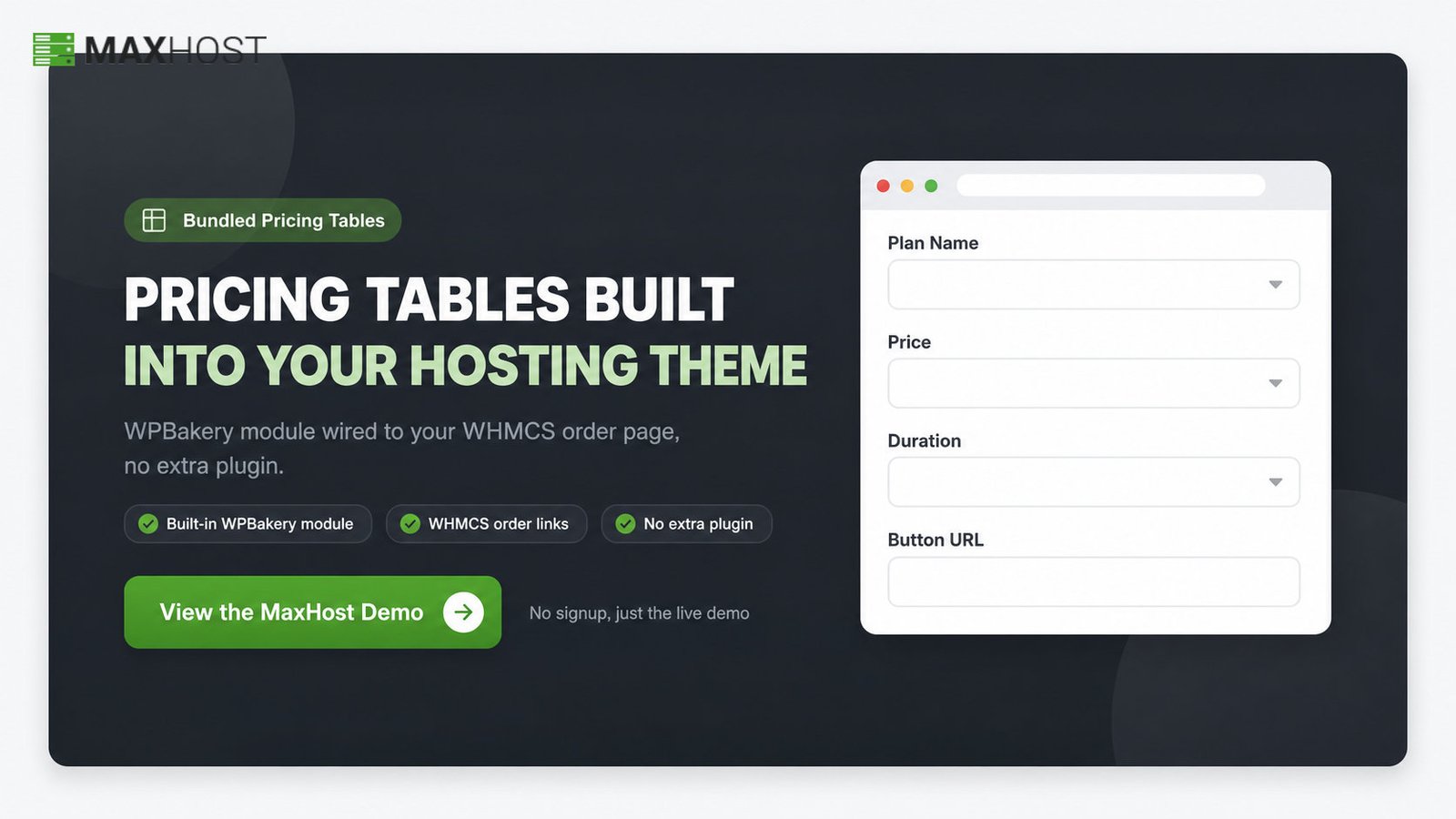 View the MaxHost demo: built-in WPBakery pricing table module wired to your WHMCS order page
