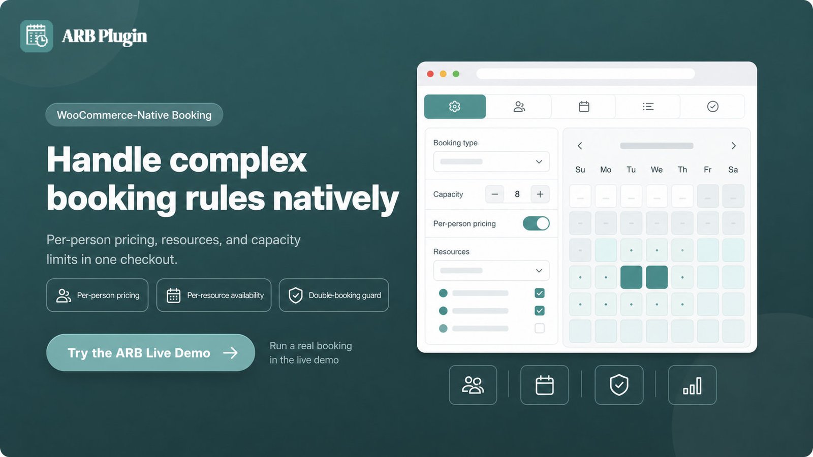 Try the ARB live demo: WooCommerce-native booking with per-person pricing and double-booking prevention