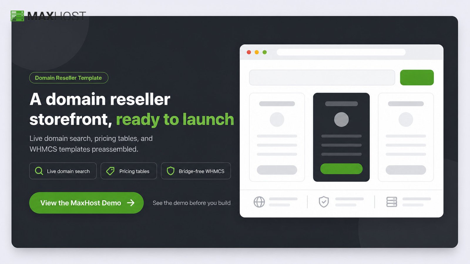 See the MaxHost domain reseller template with live search, pricing tables, and WHMCS skins