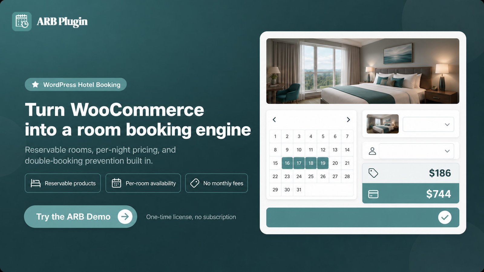 Try the ARB demo: turn WooCommerce into a room booking engine with reservable products and per-room availability