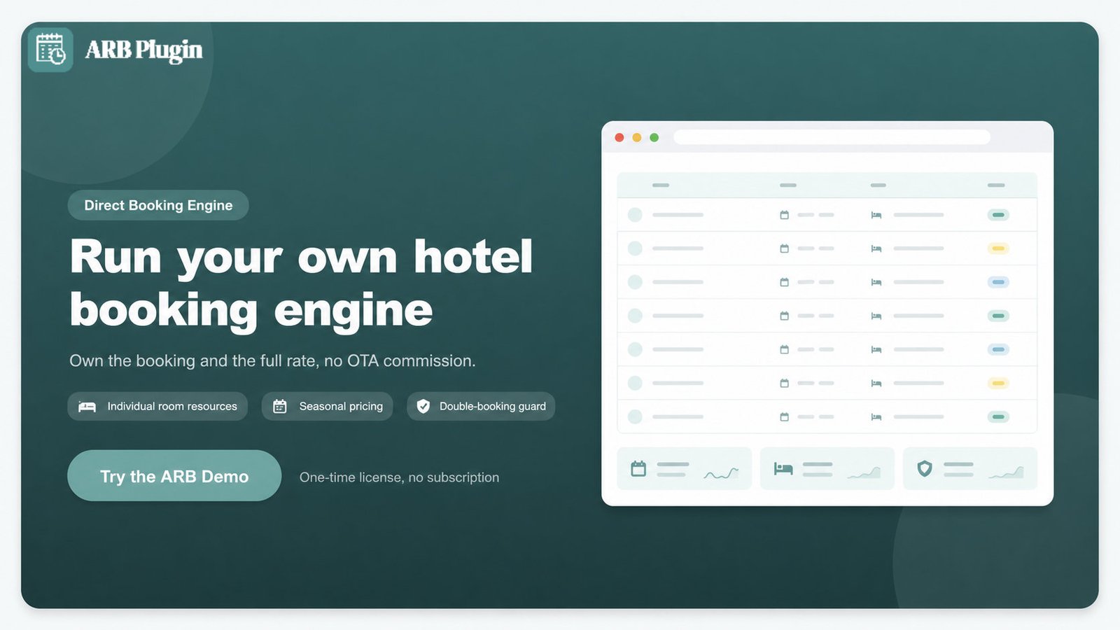 Try the ARB demo: run your own direct hotel booking engine with individual room resources and a double-booking guard