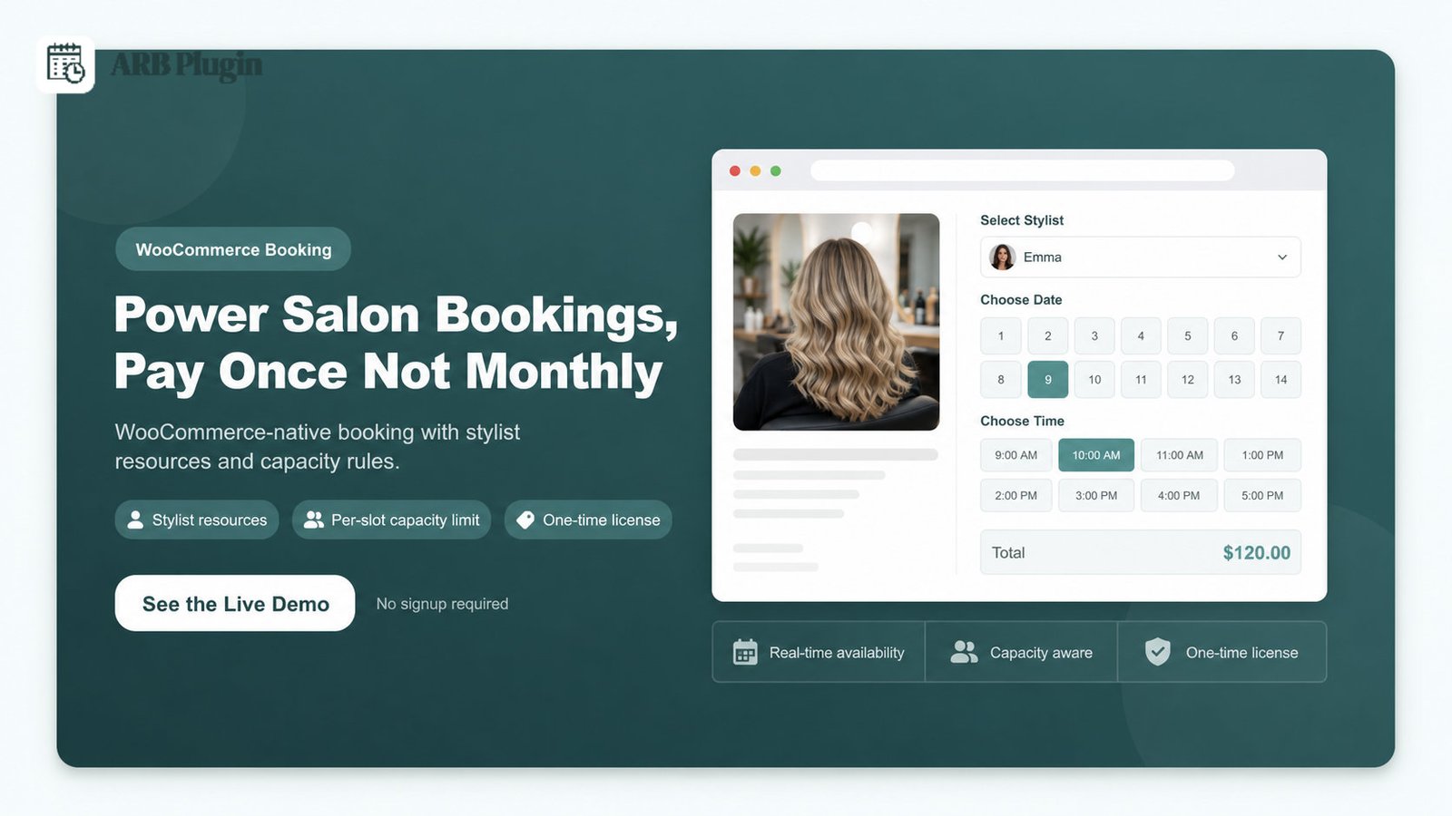 See the ARB live demo: WooCommerce-native salon booking with stylist resources and one-time pricing.