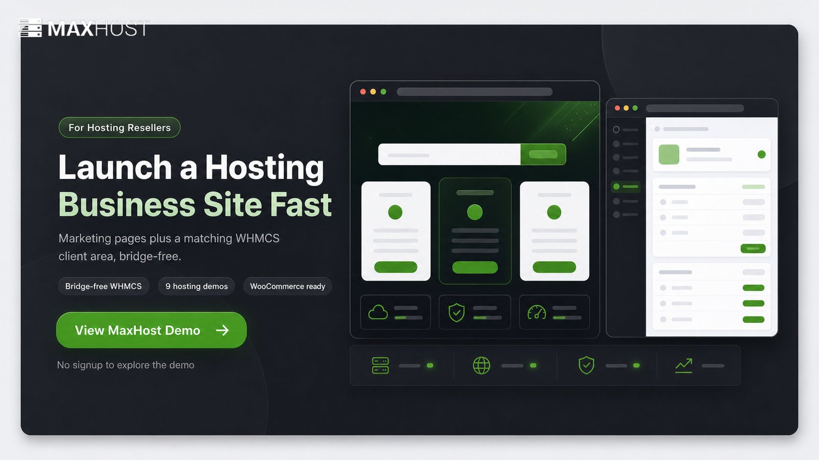 See MaxHost, a WordPress theme for hosting companies with bundled WHMCS client-area templates