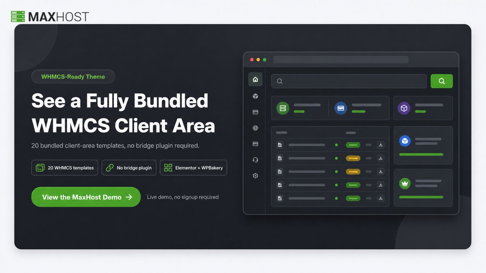 View the MaxHost demo: a fully bundled WHMCS client area with no bridge plugin