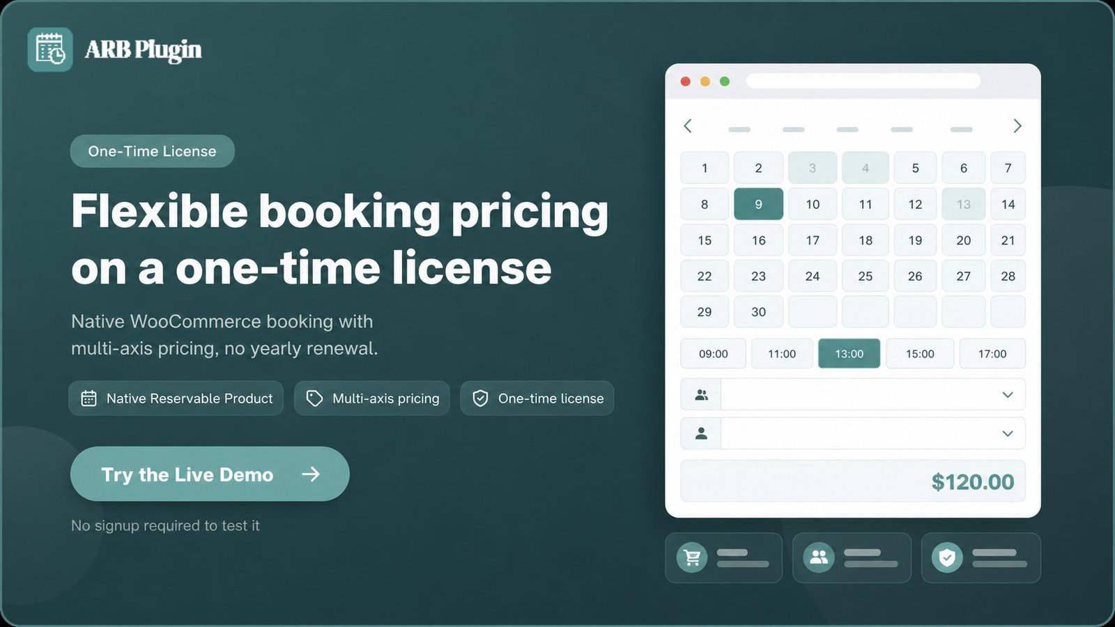 Try ARB in the live demo: native WooCommerce booking with flexible pricing on a one-time license