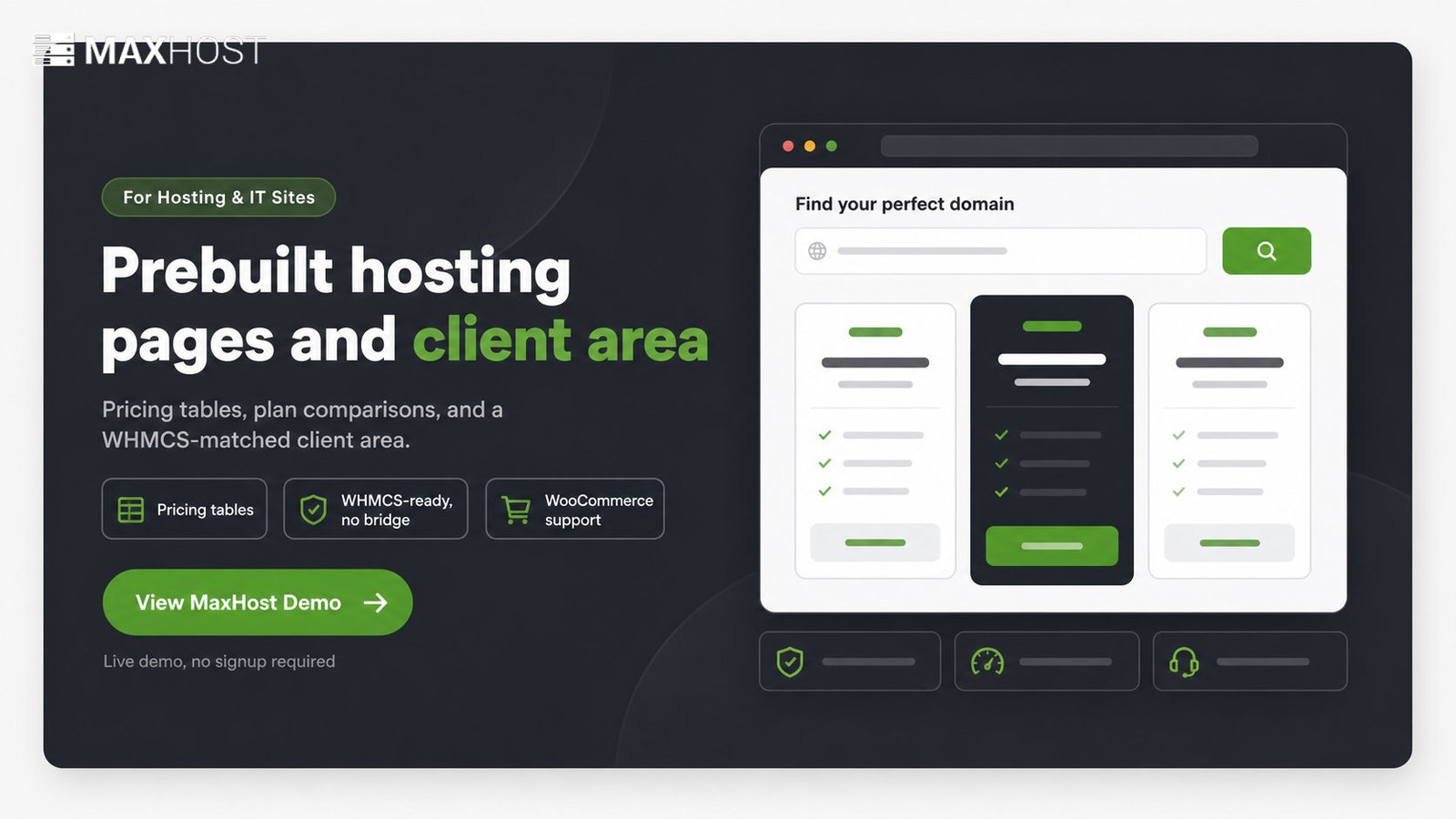 See the MaxHost demo: prebuilt hosting pricing pages and a WHMCS-matched client area.
