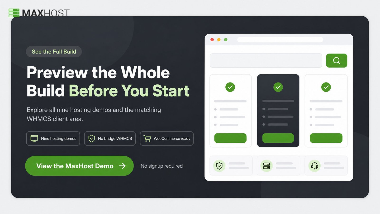 View the MaxHost demo: nine hosting homepage layouts and a matching WHMCS client area