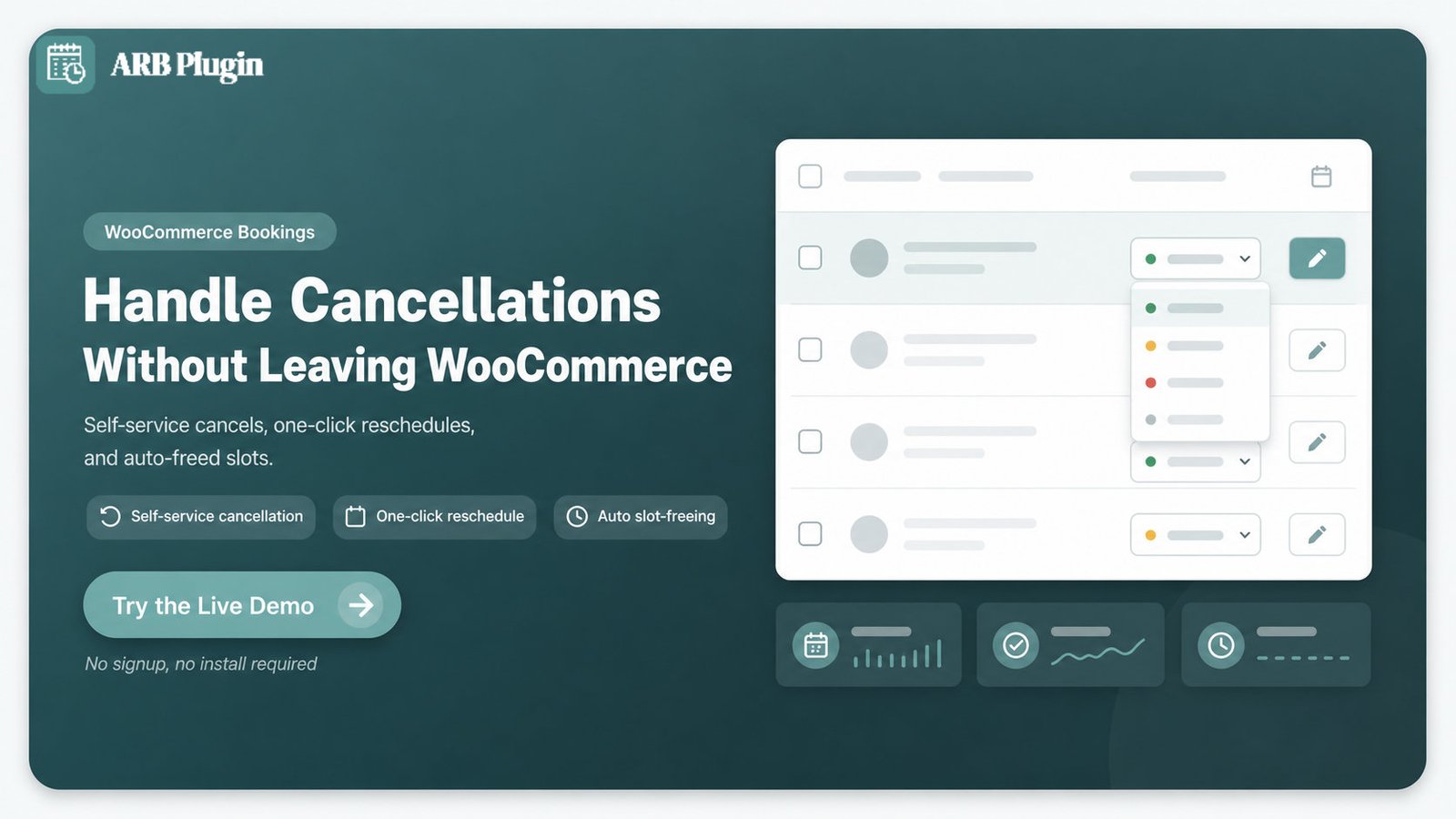 Try the live ARB demo to manage booking cancellations, reschedules, and slot-freeing inside WooCommerce