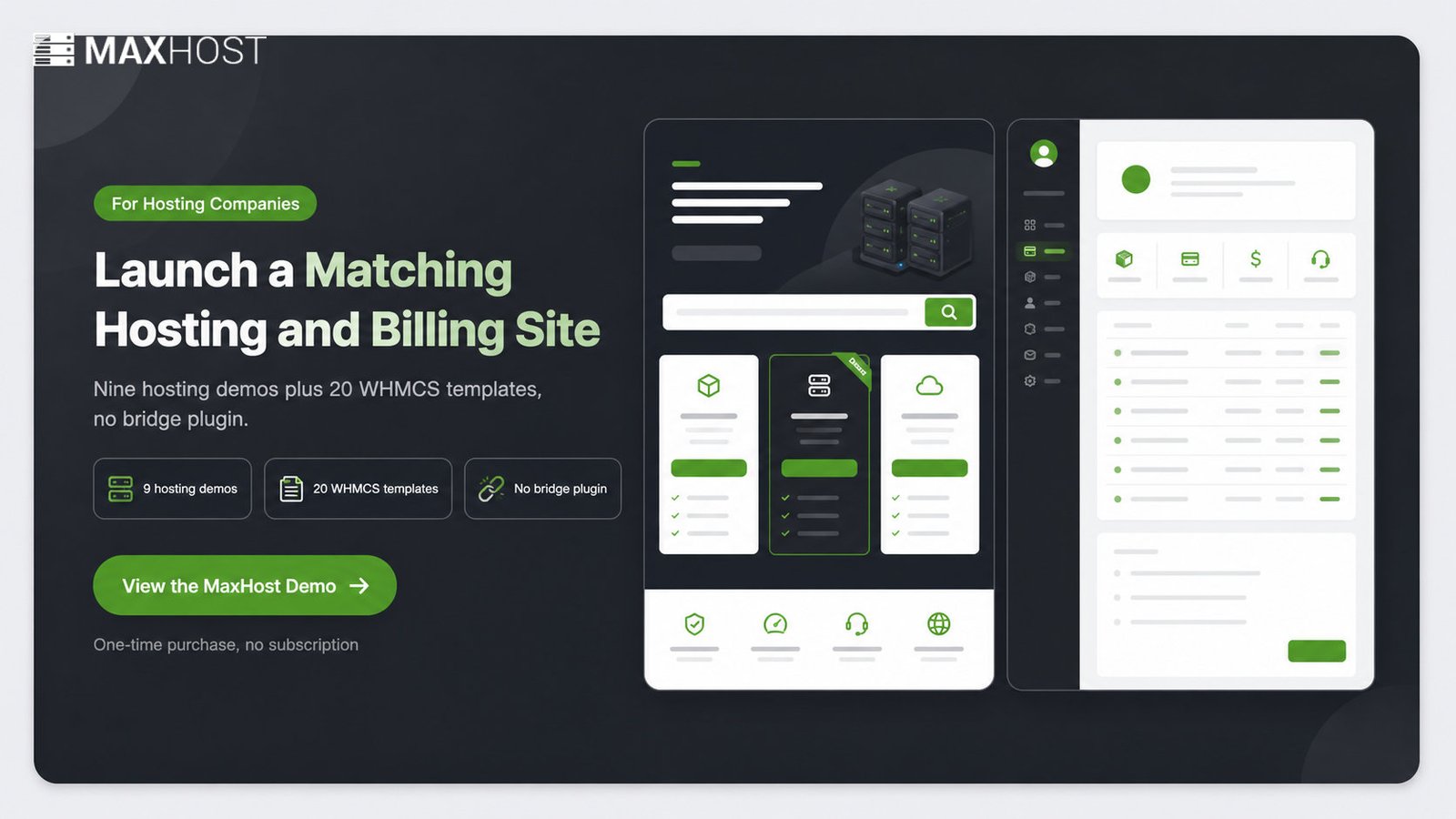 View the MaxHost demo: nine hosting demos and 20 matching WHMCS templates with no bridge plugin