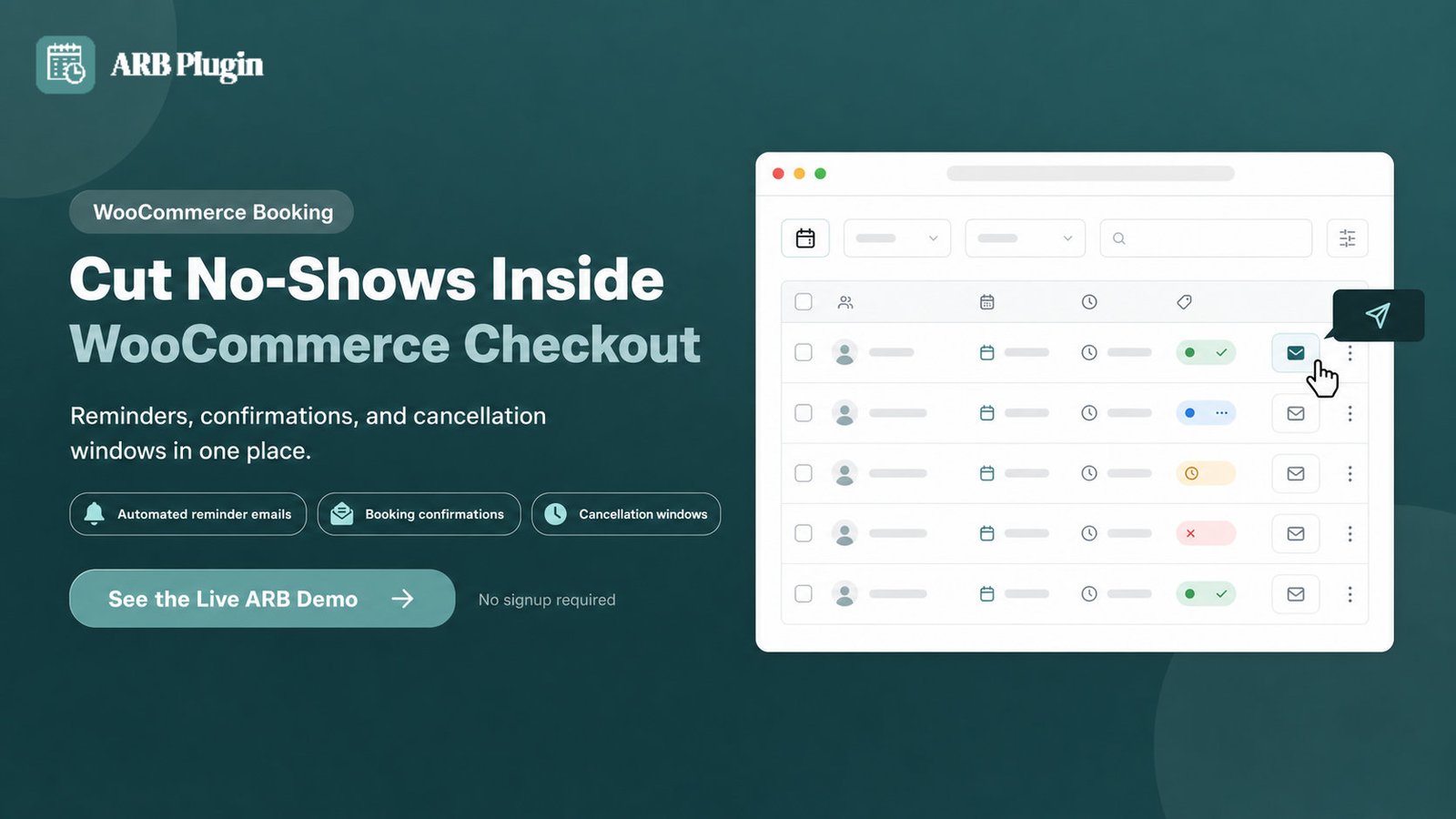 ARB demo card: cut no-shows with automated reminders and booking confirmations in WooCommerce
