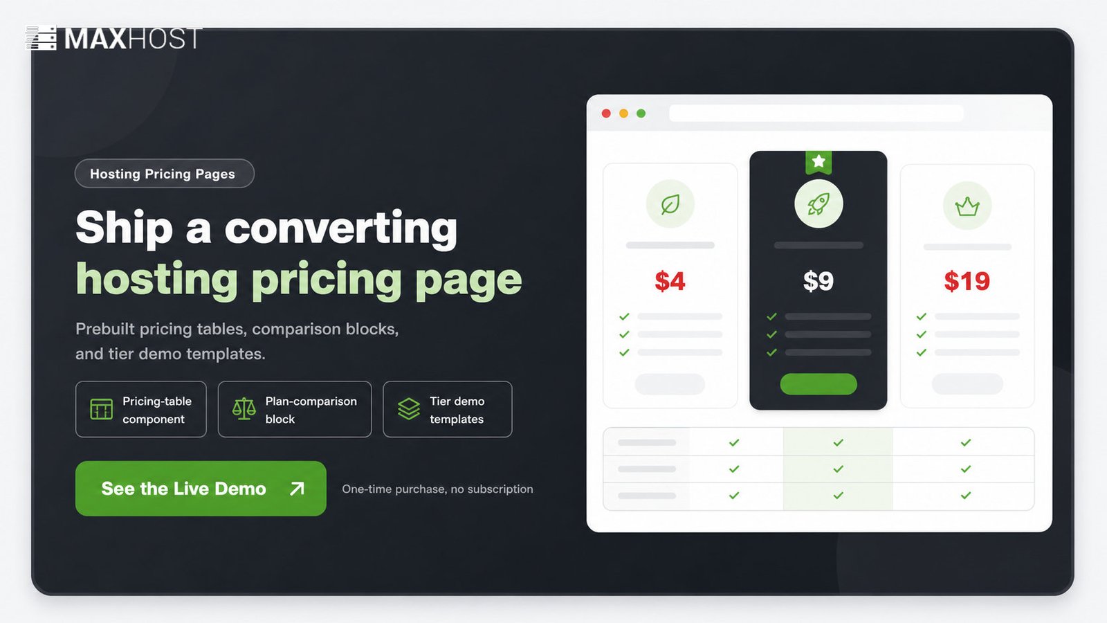 See MaxHost's live demo: prebuilt hosting pricing tables, comparison blocks, and tier demo templates for a converting page.