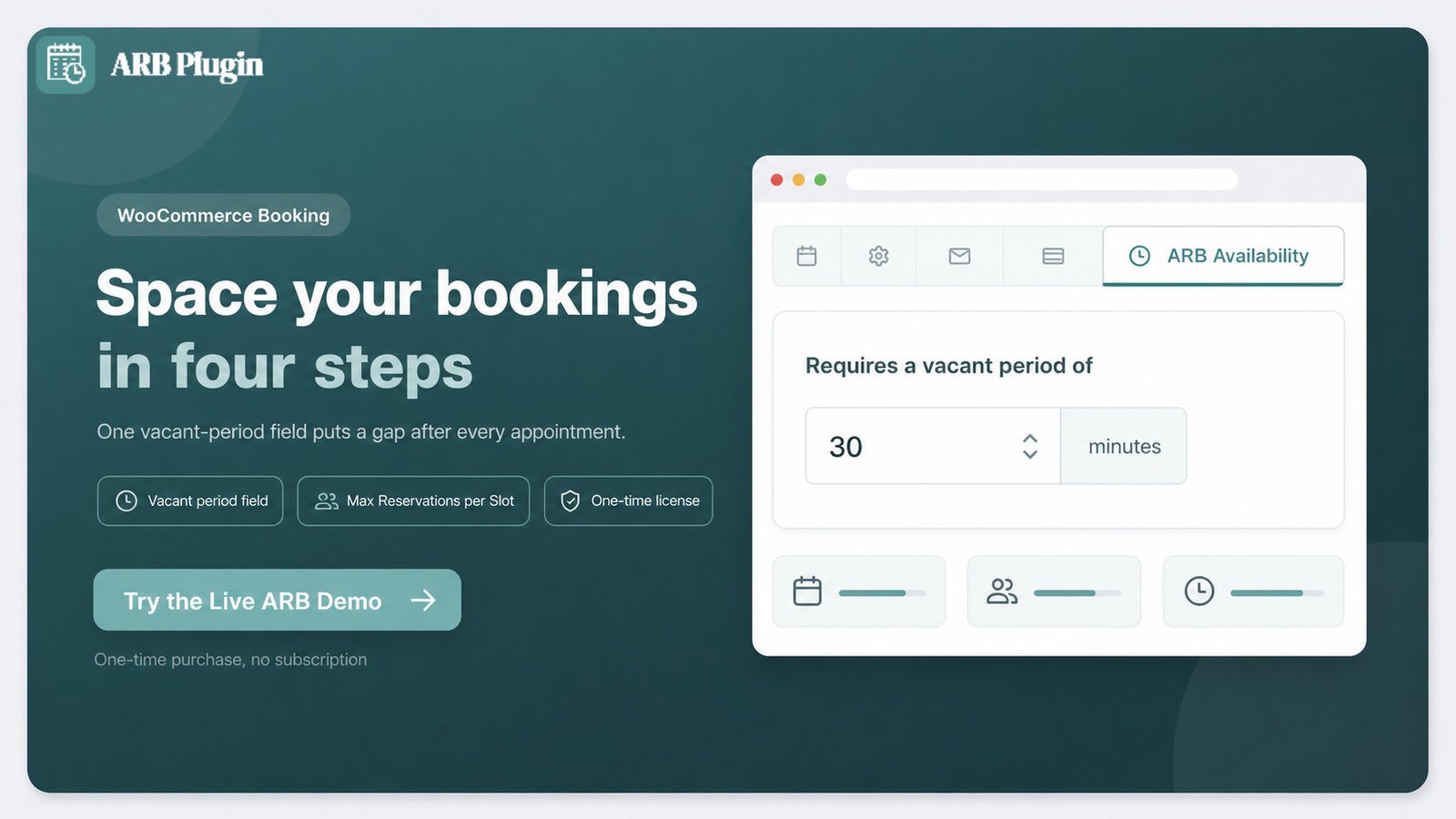 Try the live ARB demo to set a vacant period and space WooCommerce bookings apart.