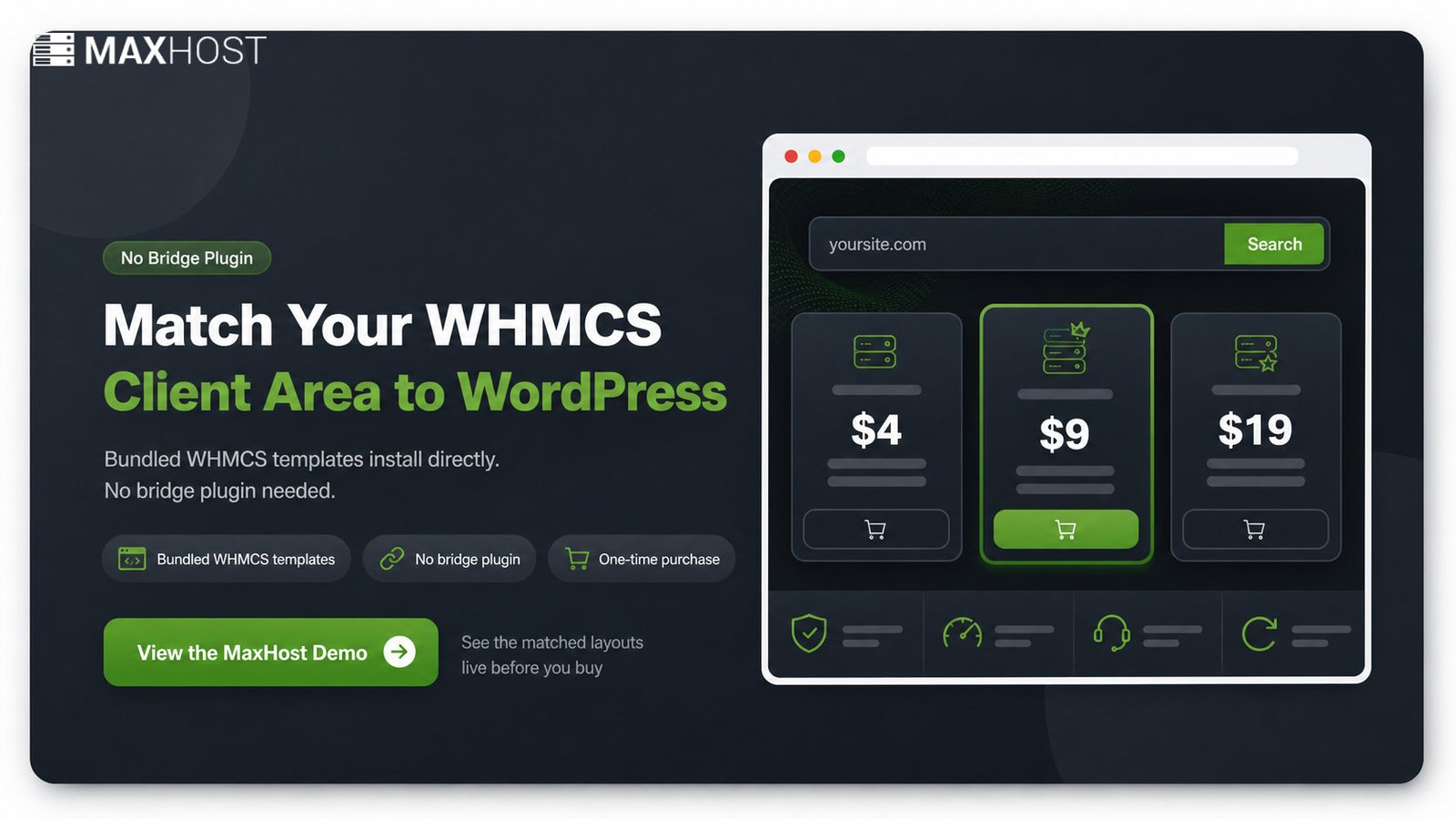 View the MaxHost demo: bundled WHMCS templates that skin the client area to match WordPress, no bridge plugin