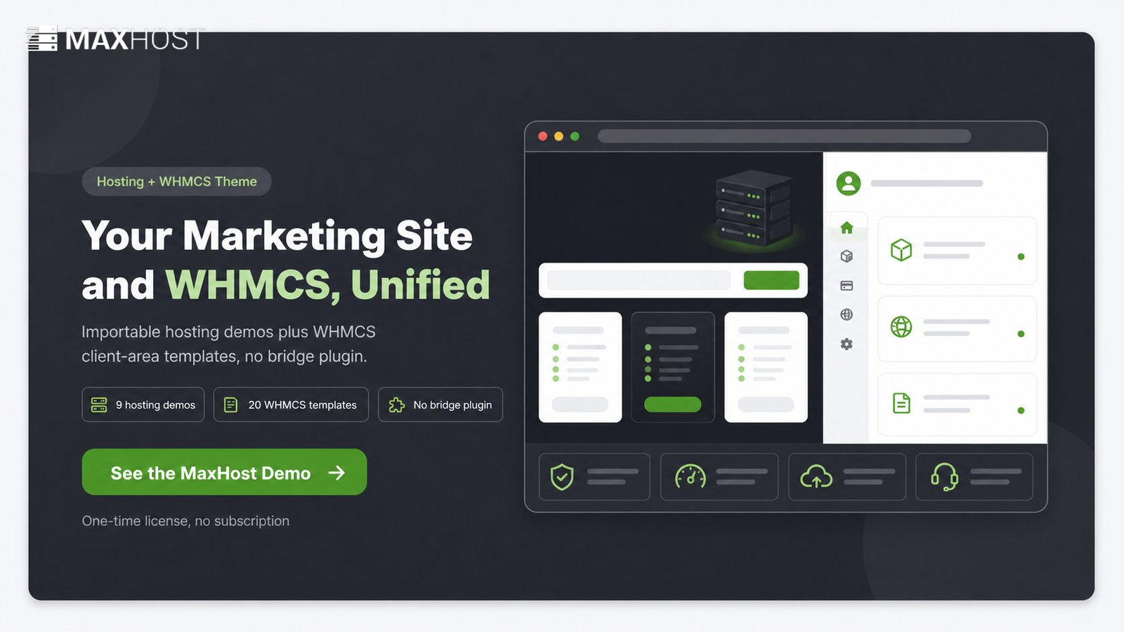 See the MaxHost demo: hosting marketing site and WHMCS client area matched with no bridge plugin