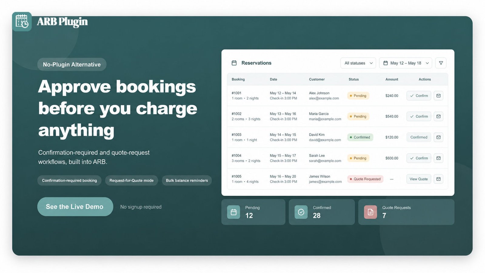 Try the ARB demo: approval-first booking workflows that collect commitment before payment, no deposit plugin