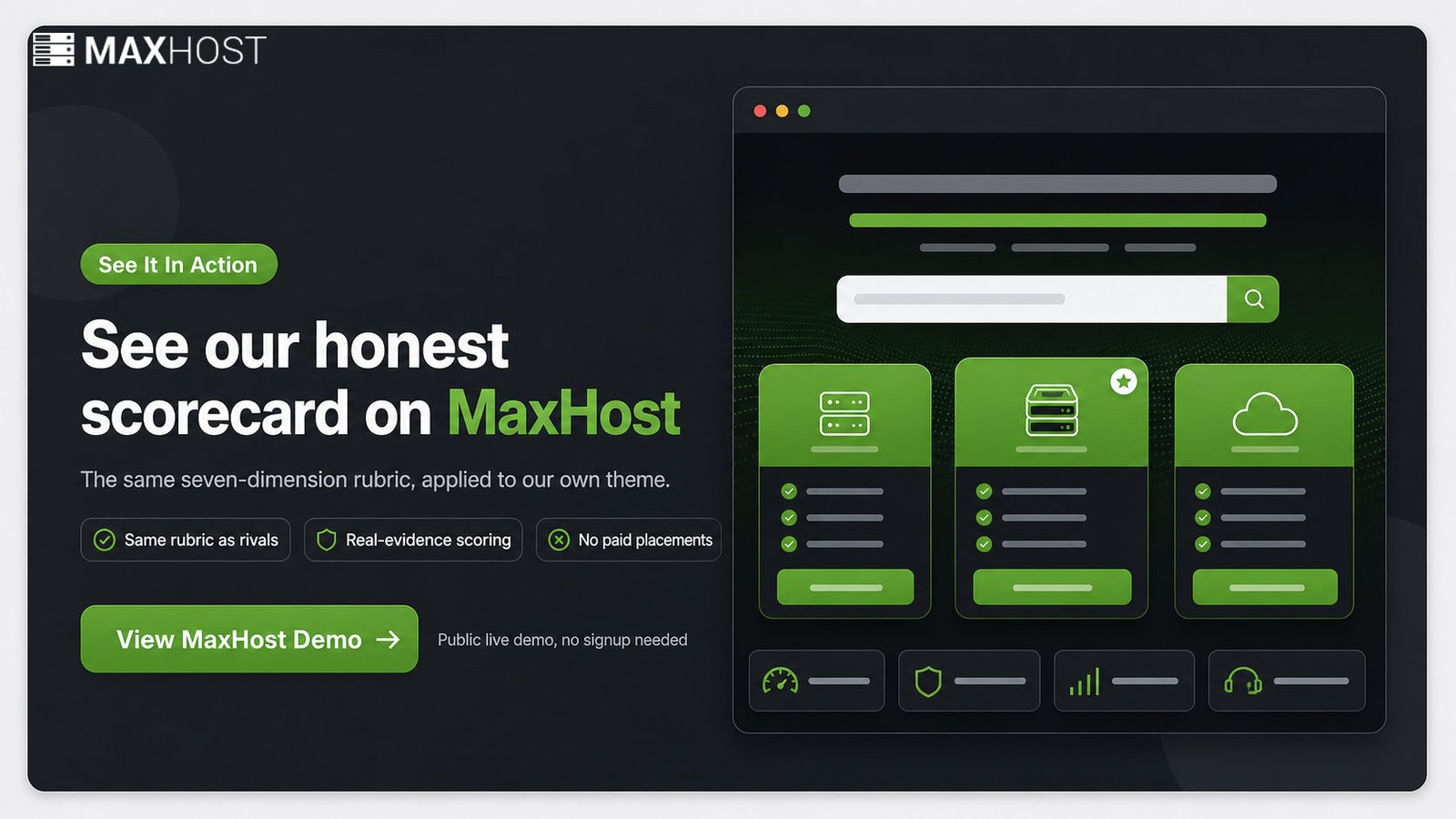 View the MaxHost demo and its honest scorecard scored on the same seven-dimension rubric