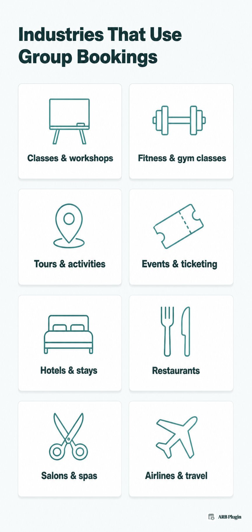 Industries that use group bookings: classes, fitness studios, tours, events, hotels, restaurants, salons, and airlines